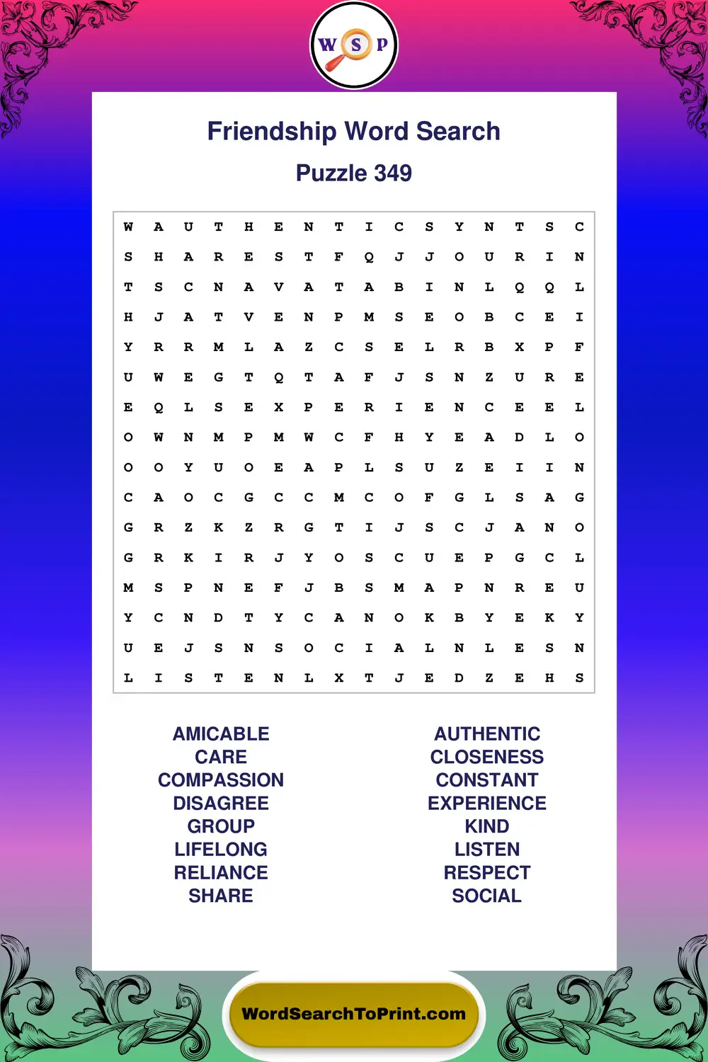 Friendship Word Search Puzzle 349