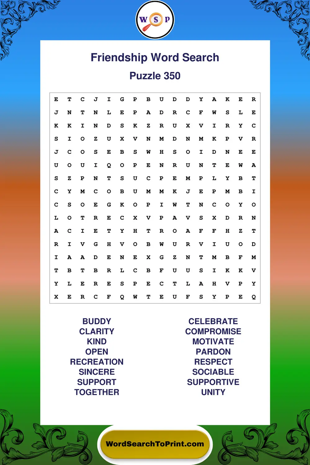 Friendship Word Search Puzzle 350