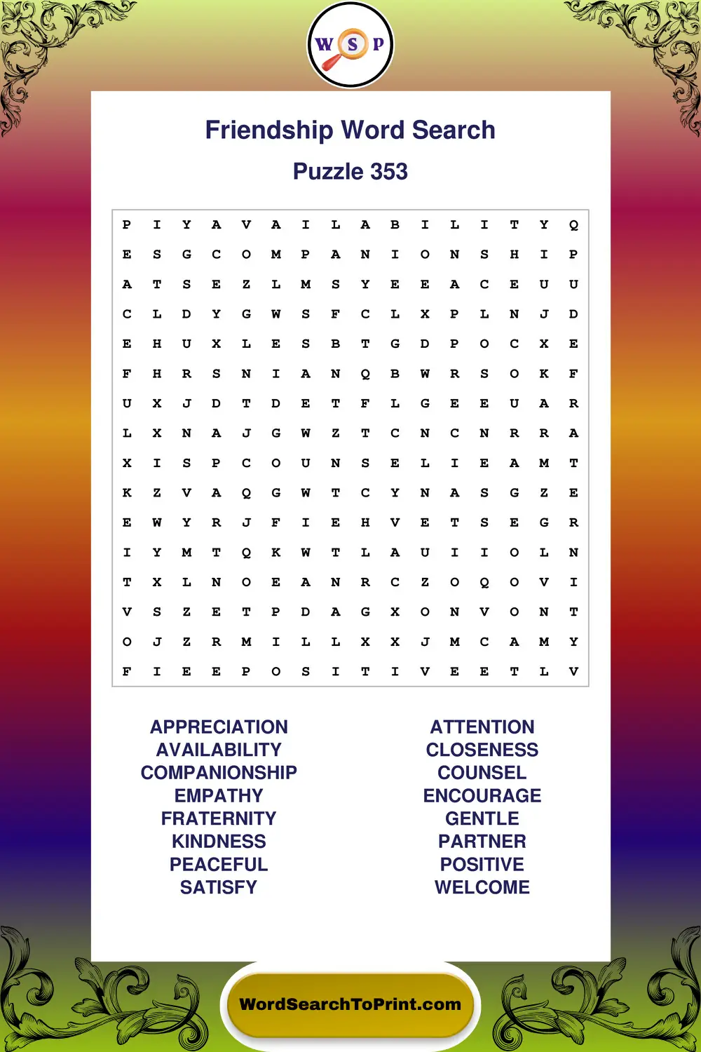 Friendship Word Search Puzzle 353