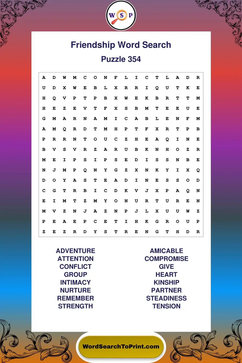 Friendship Word Search Puzzle 354
