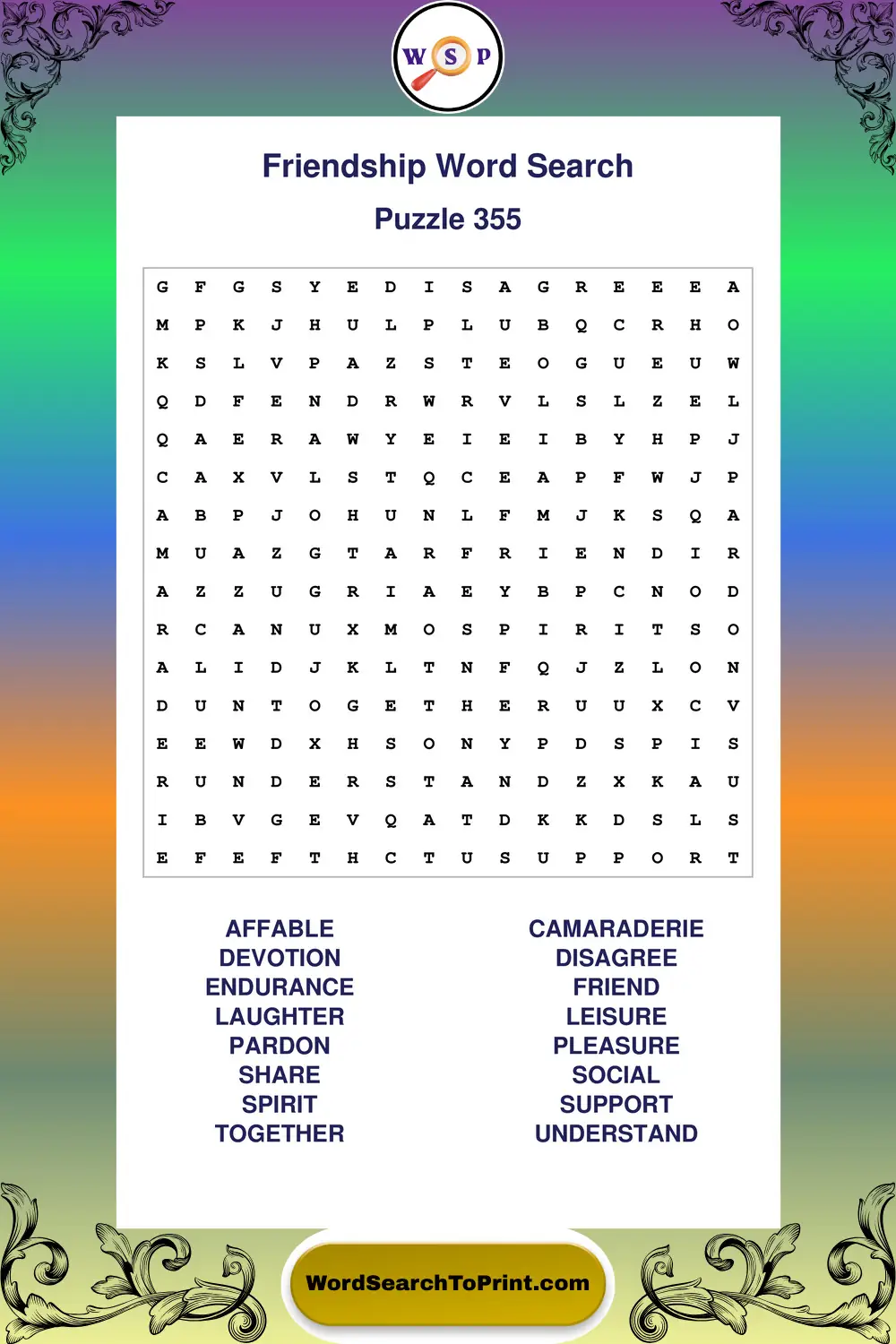 Friendship Word Search Puzzle 355