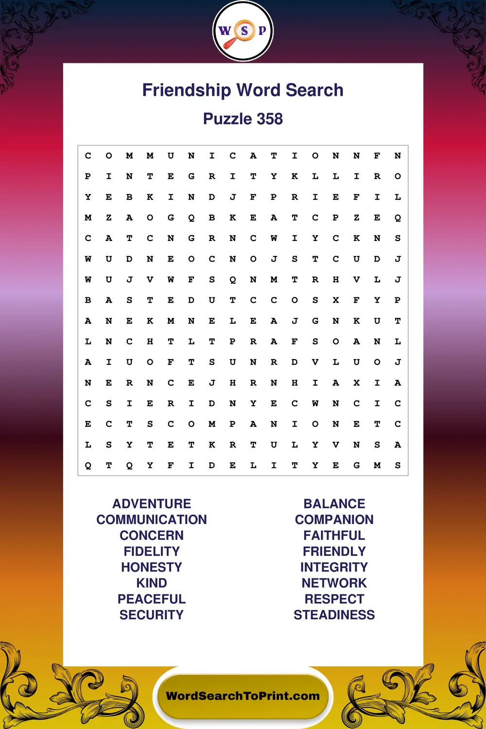 Friendship Word Search Puzzle 358