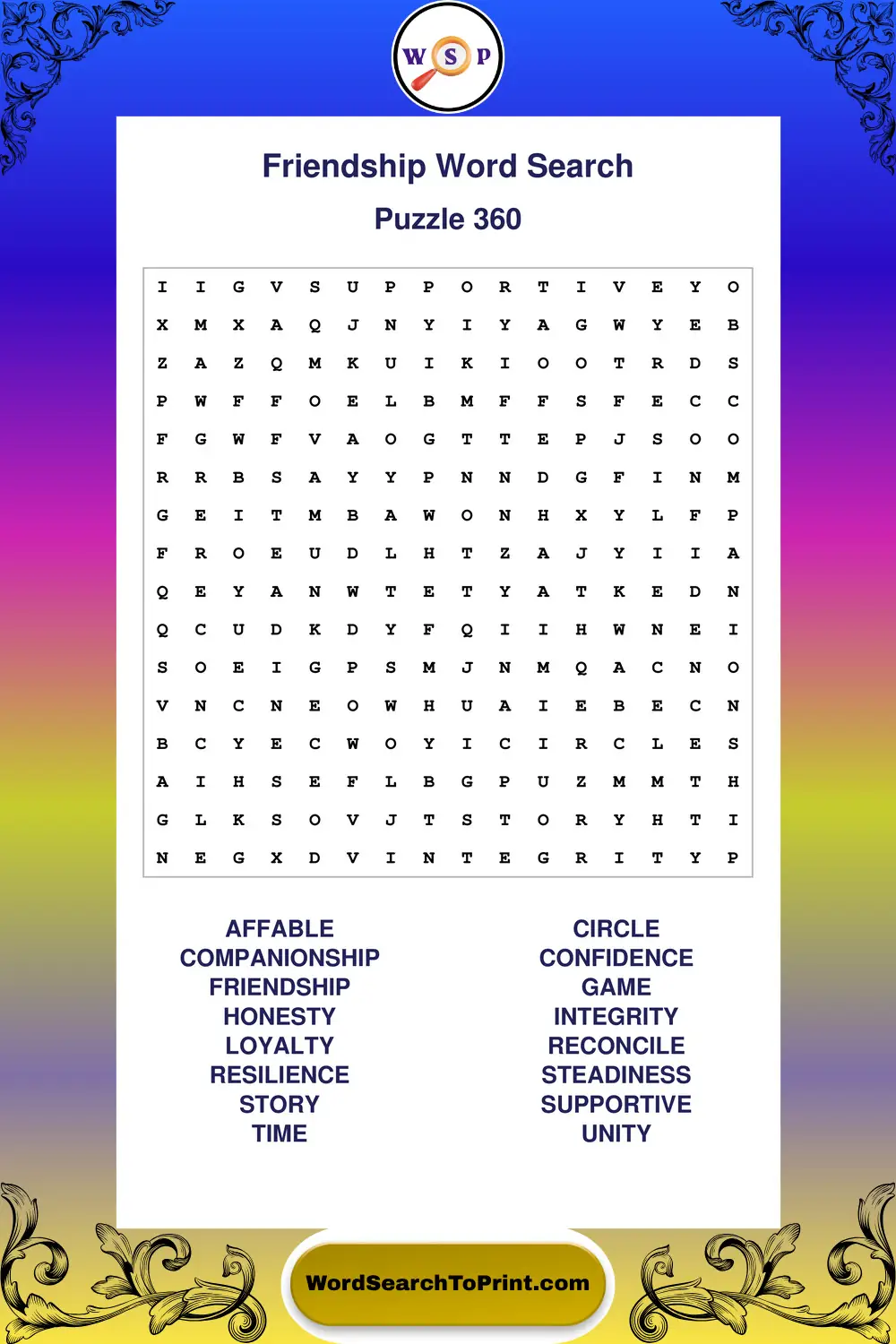 Friendship Word Search Puzzle 360