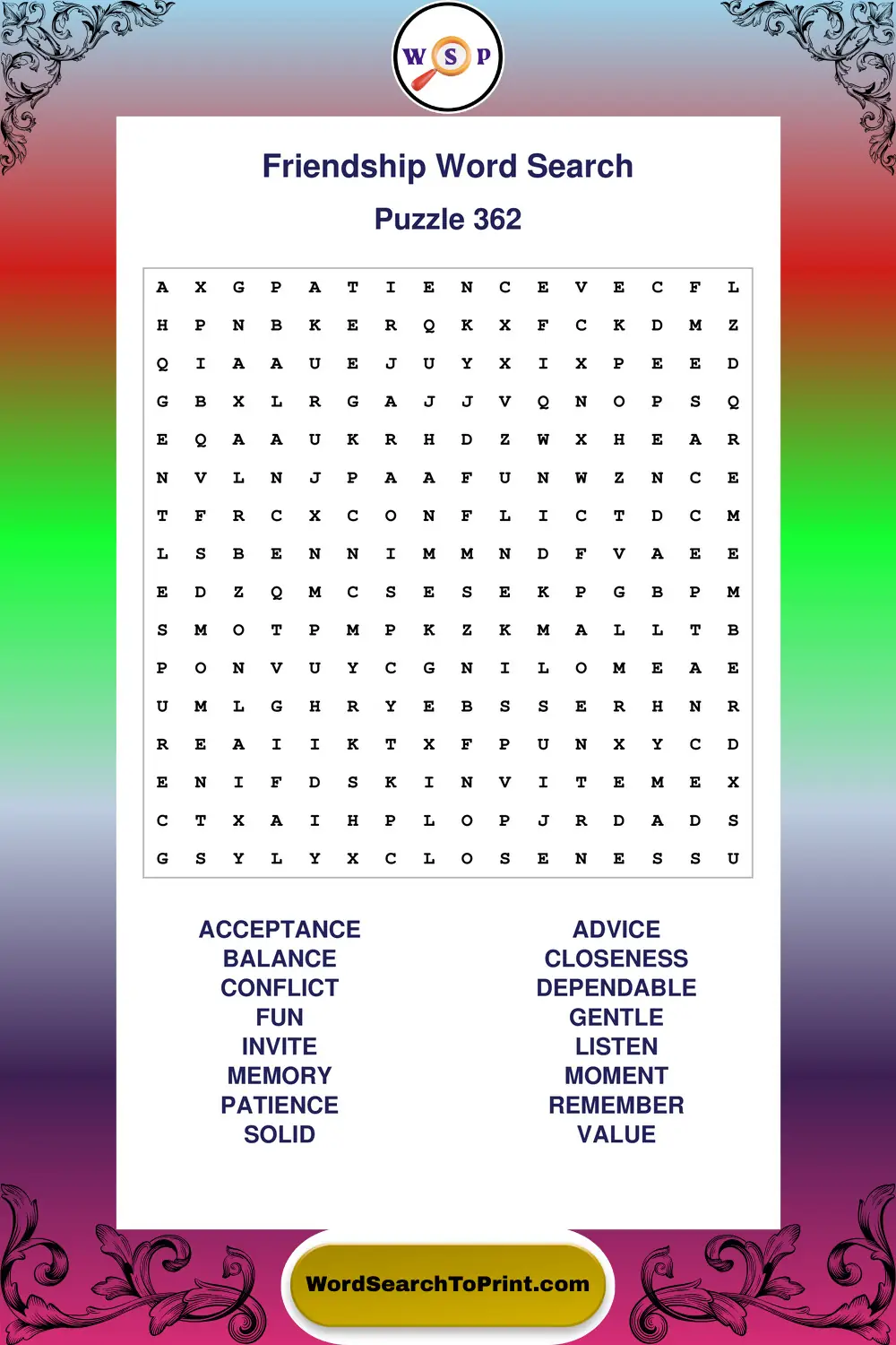 Friendship Word Search Puzzle 362