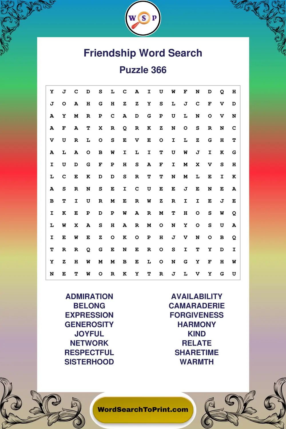 Friendship Word Search Puzzle 366