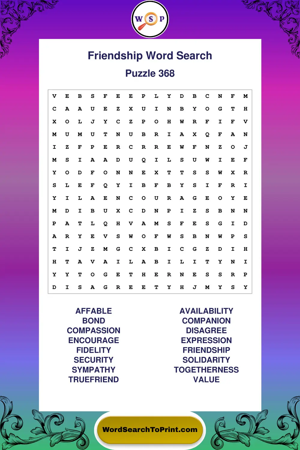 Friendship Word Search Puzzle 368