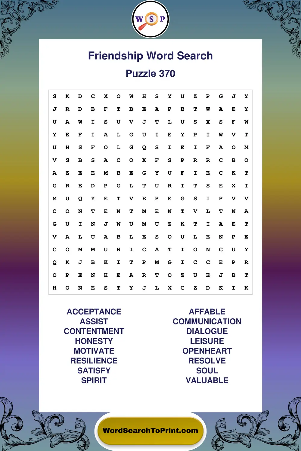 Friendship Word Search Puzzle 370