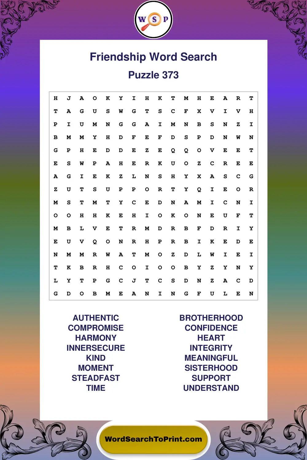 Friendship Word Search Puzzle 373