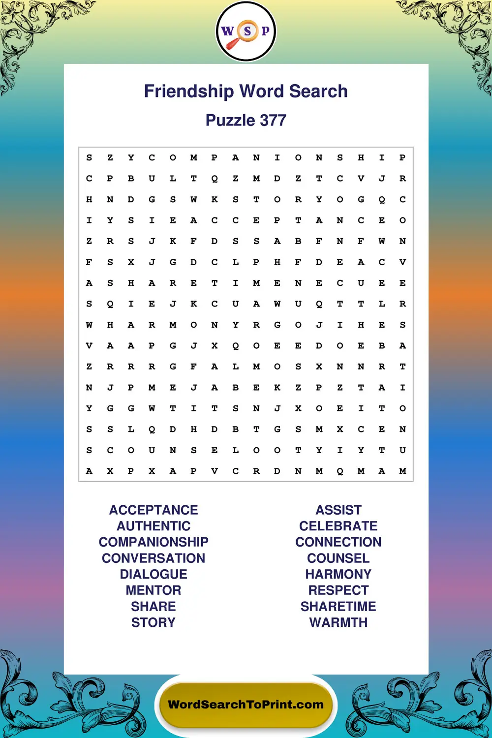 Friendship Word Search Puzzle 377