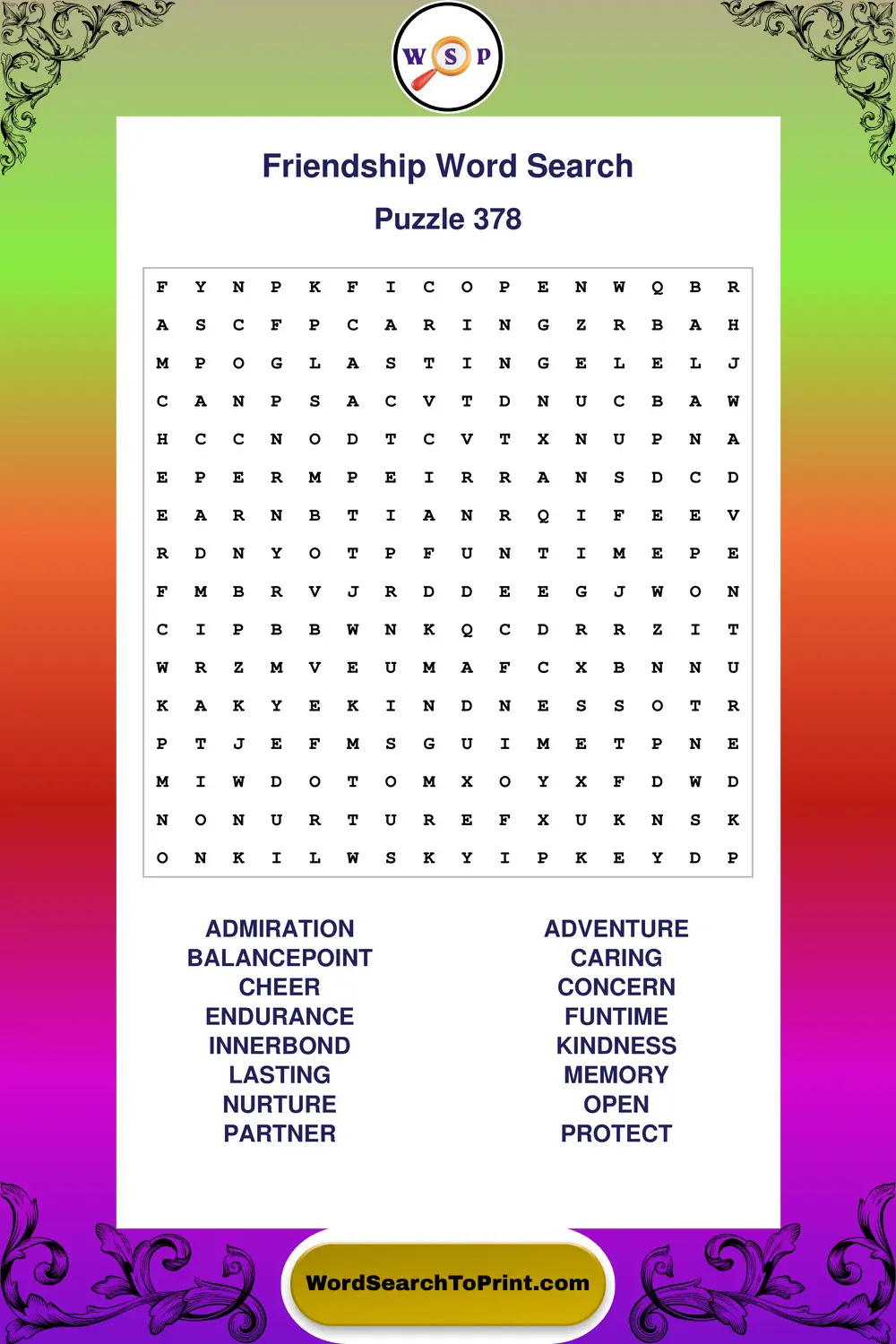 Friendship Word Search Puzzle 378