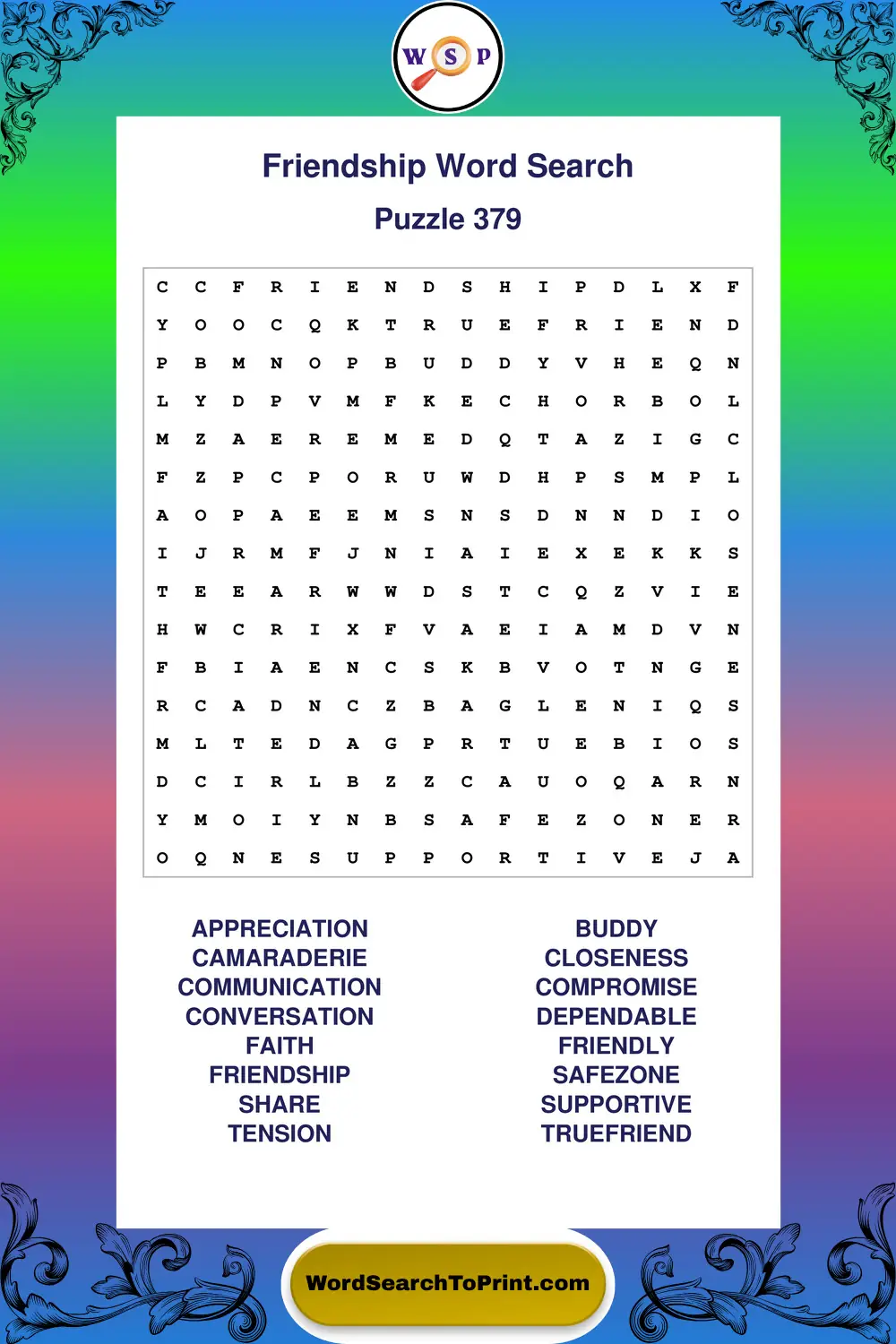 Friendship Word Search Puzzle 379