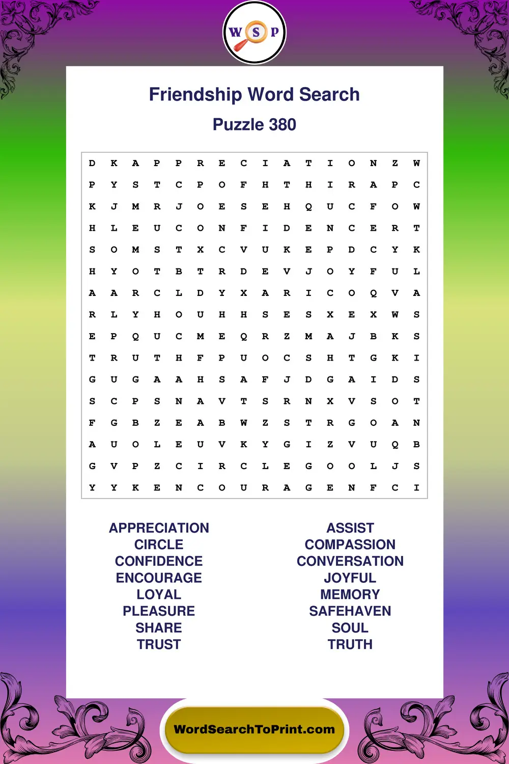 Friendship Word Search Puzzle 380
