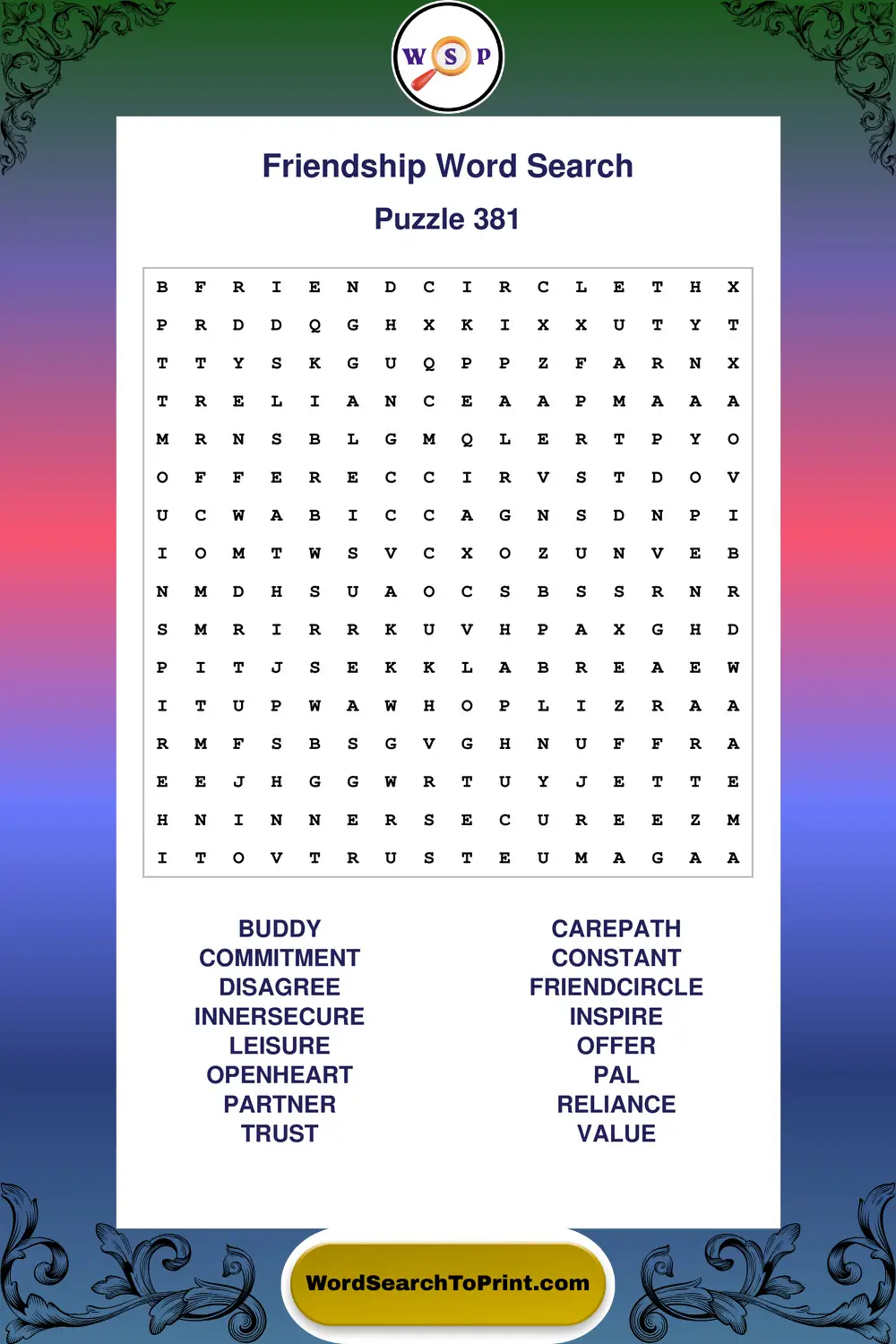 Friendship Word Search Puzzle 381