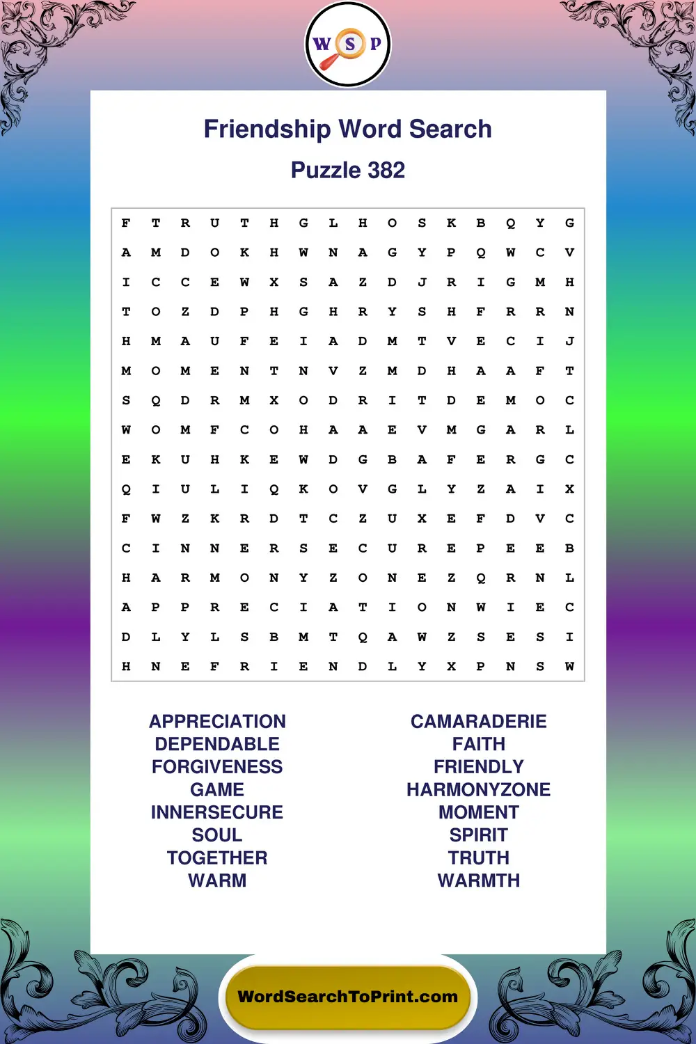 Friendship Word Search Puzzle 382