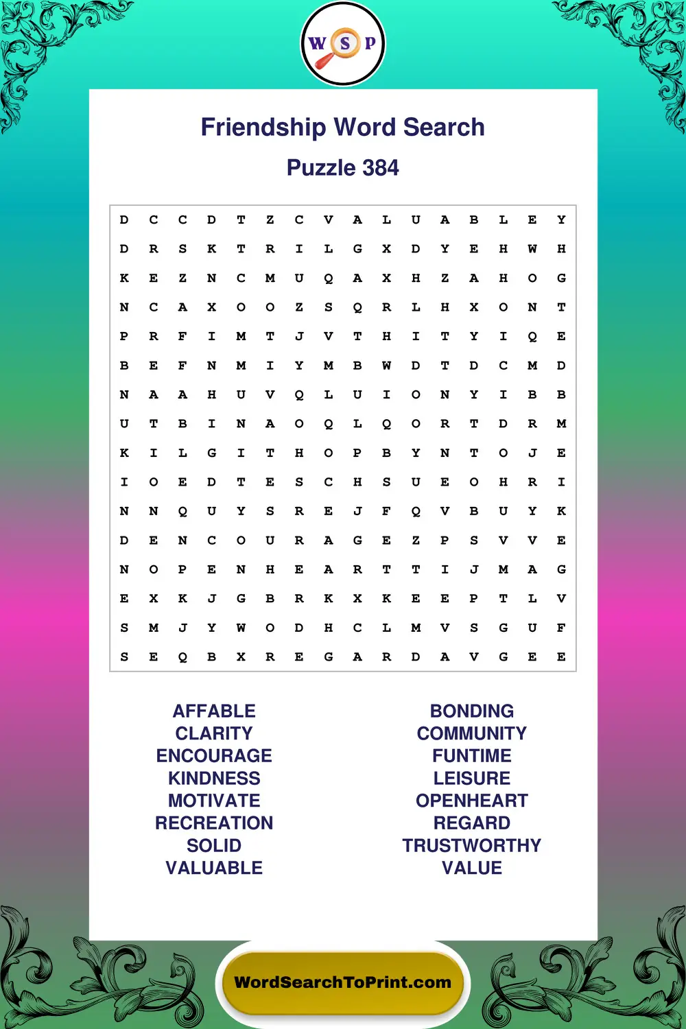 Friendship Word Search Puzzle 384