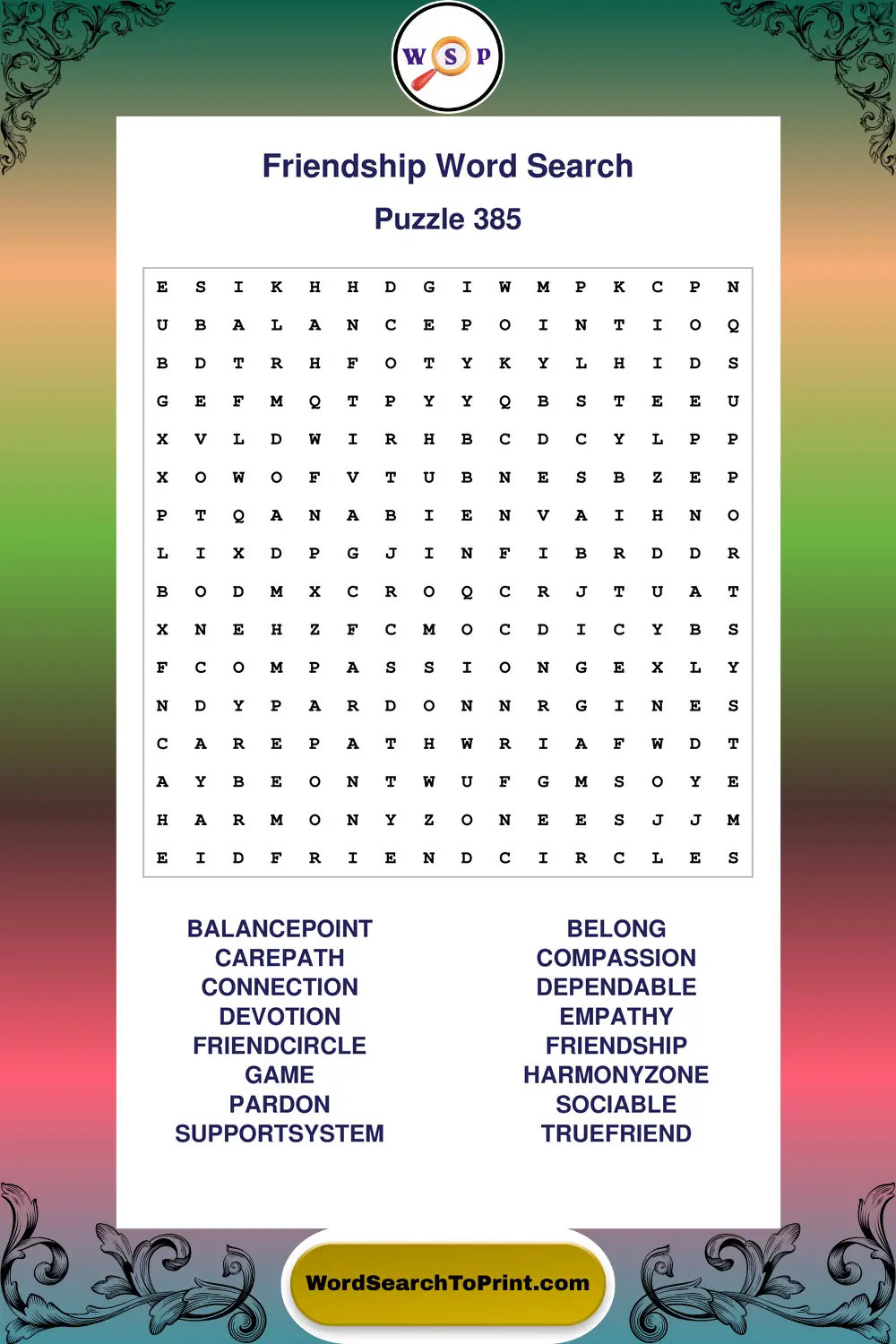 Friendship Word Search Puzzle 385