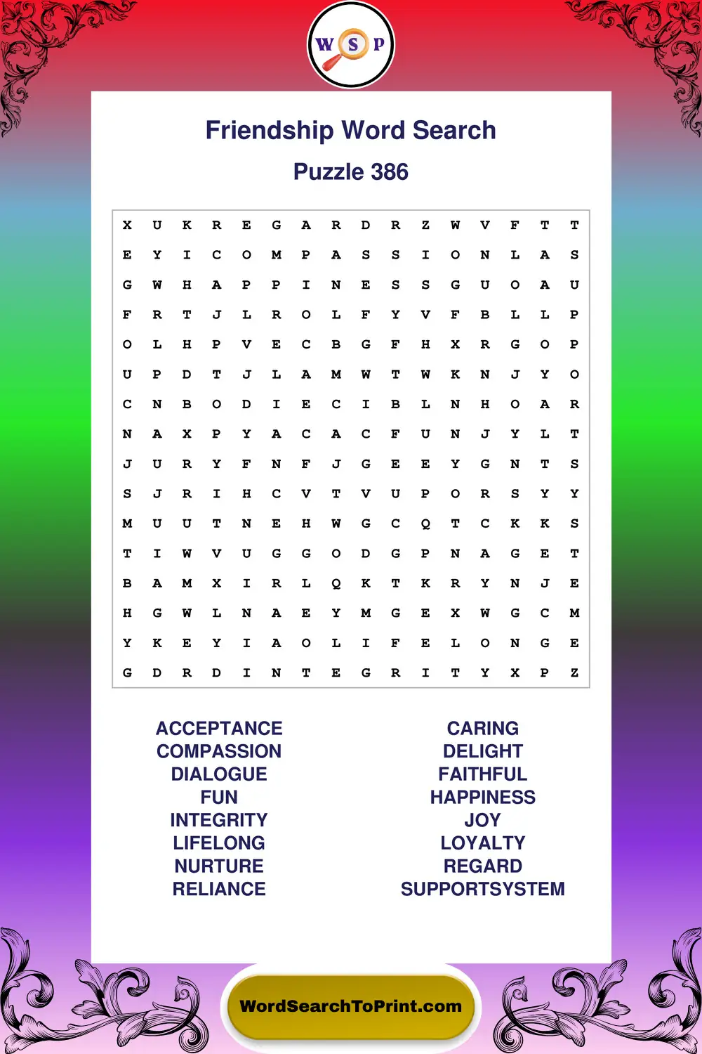 Friendship Word Search Puzzle 386
