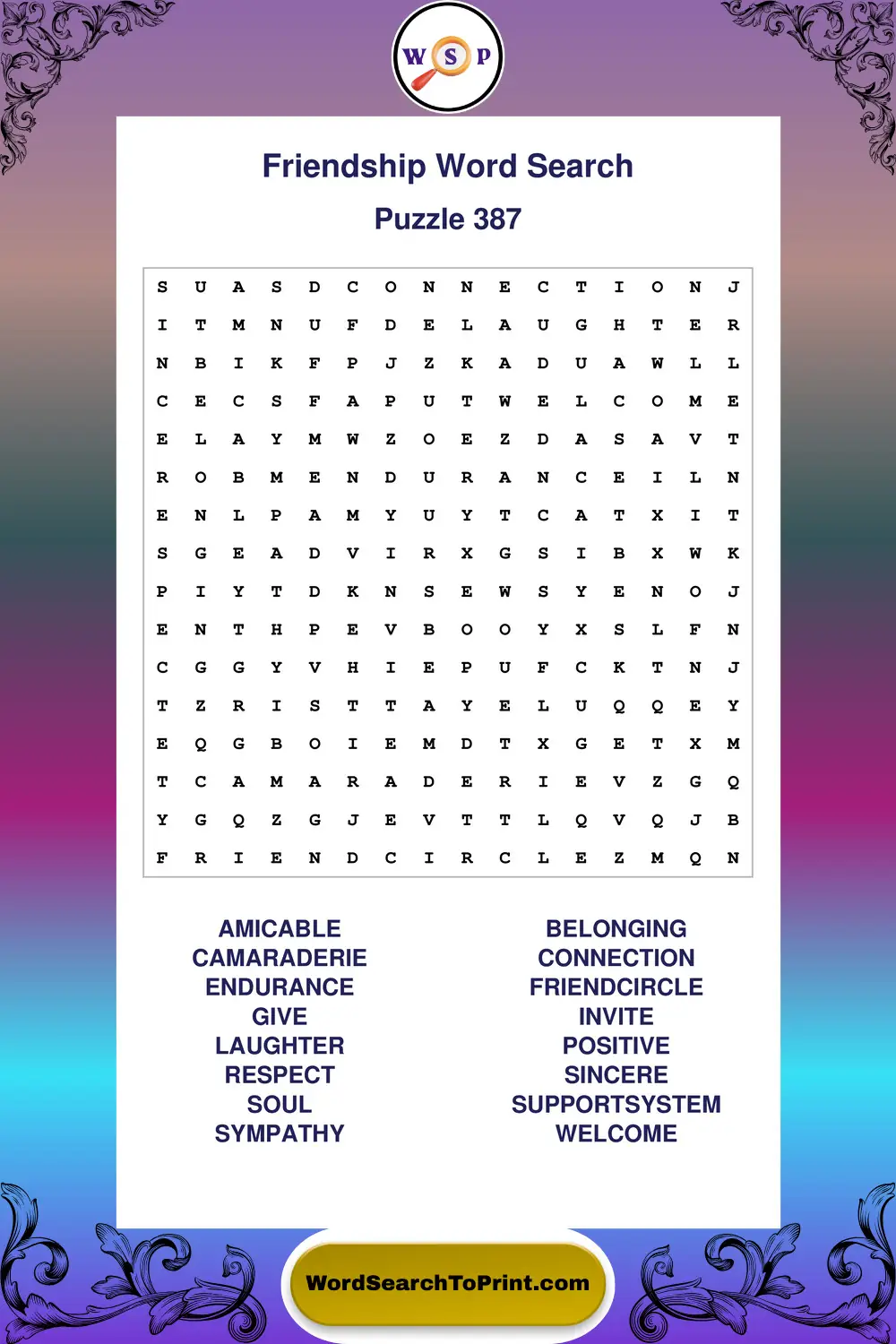 Friendship Word Search Puzzle 387