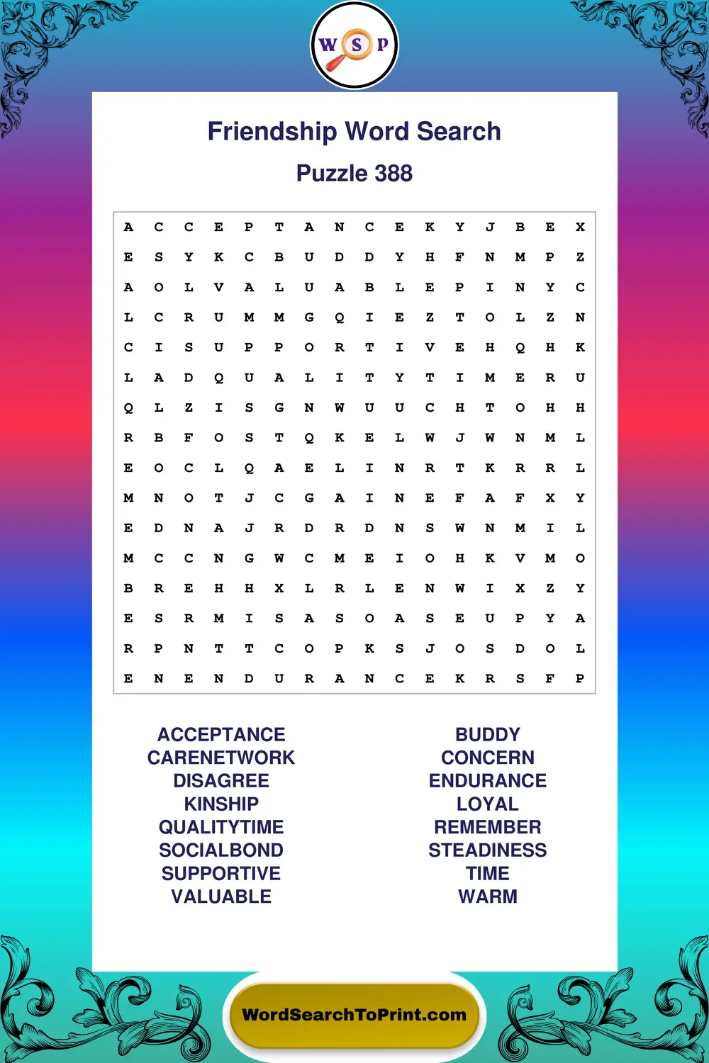 Friendship Word Search Puzzle 388