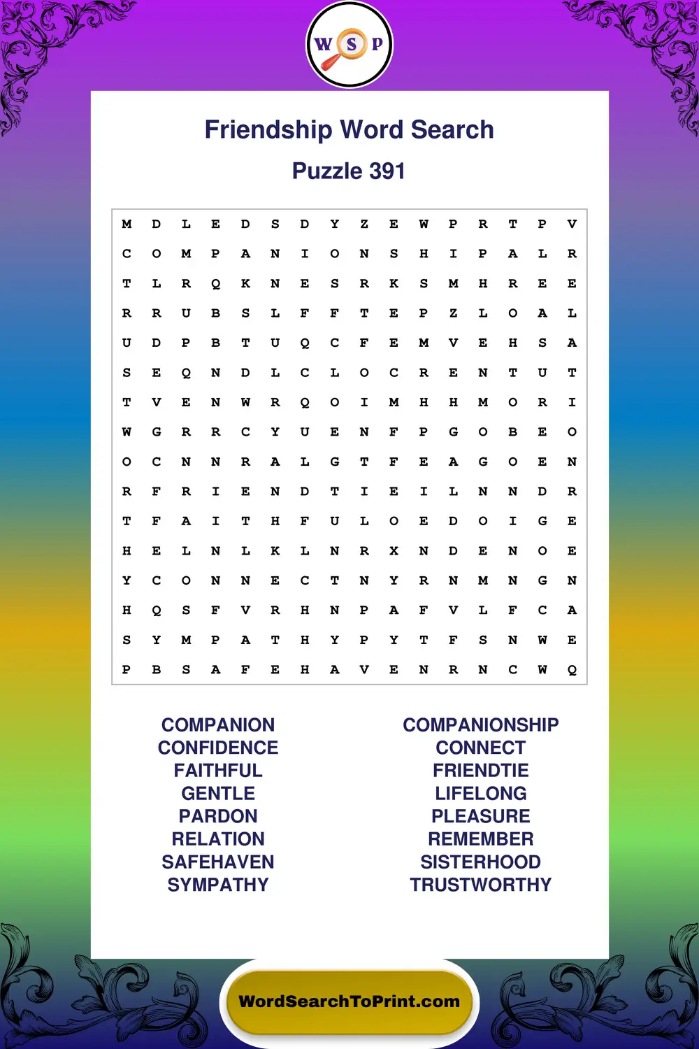Friendship Word Search Puzzle 391