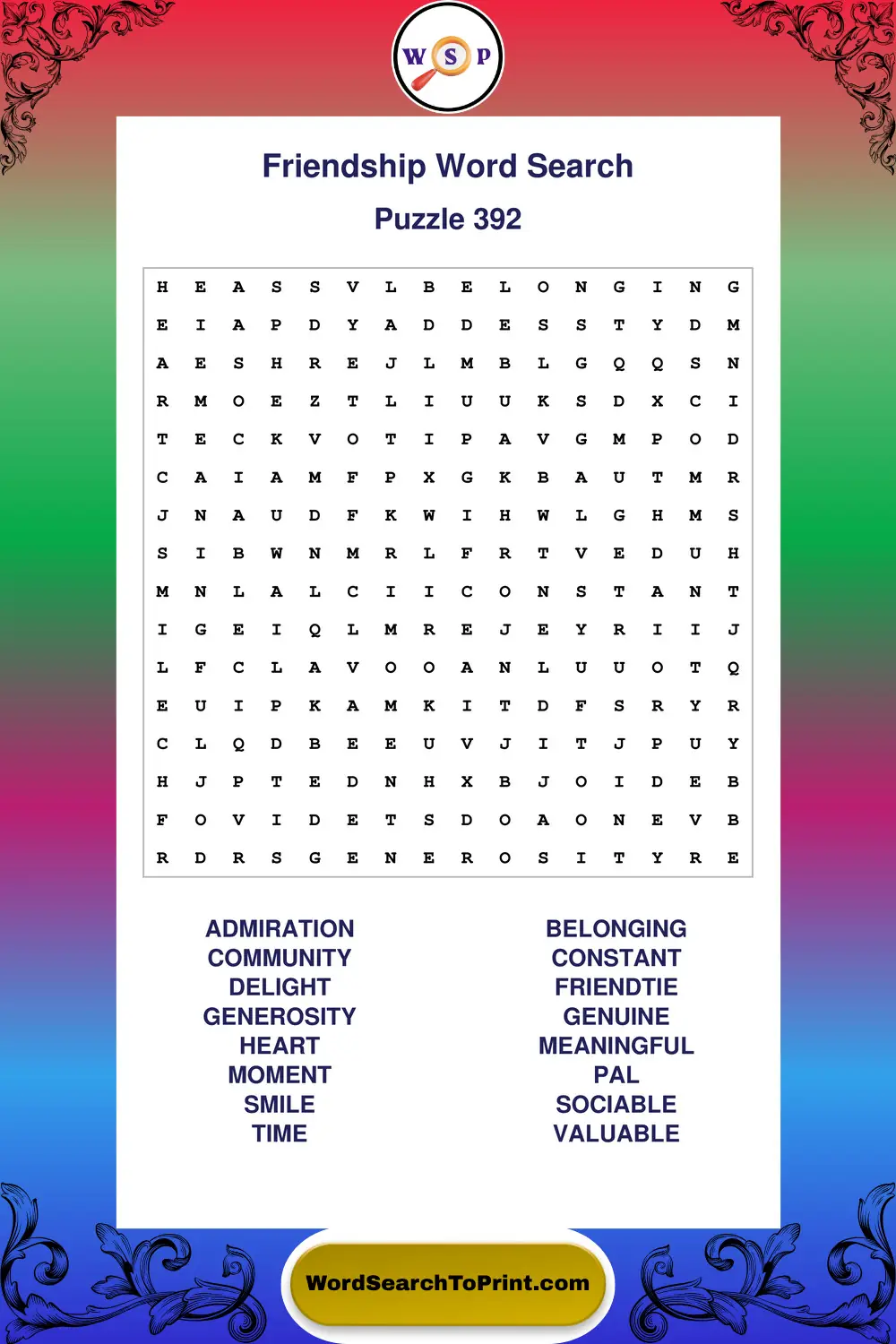Friendship Word Search Puzzle 392