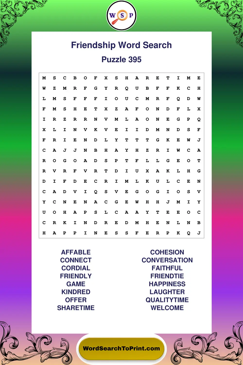 Friendship Word Search Puzzle 395