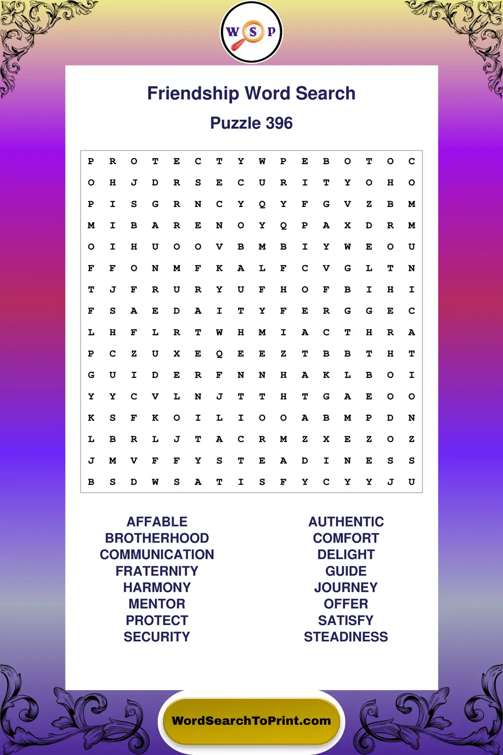 Friendship Word Search Puzzle 396