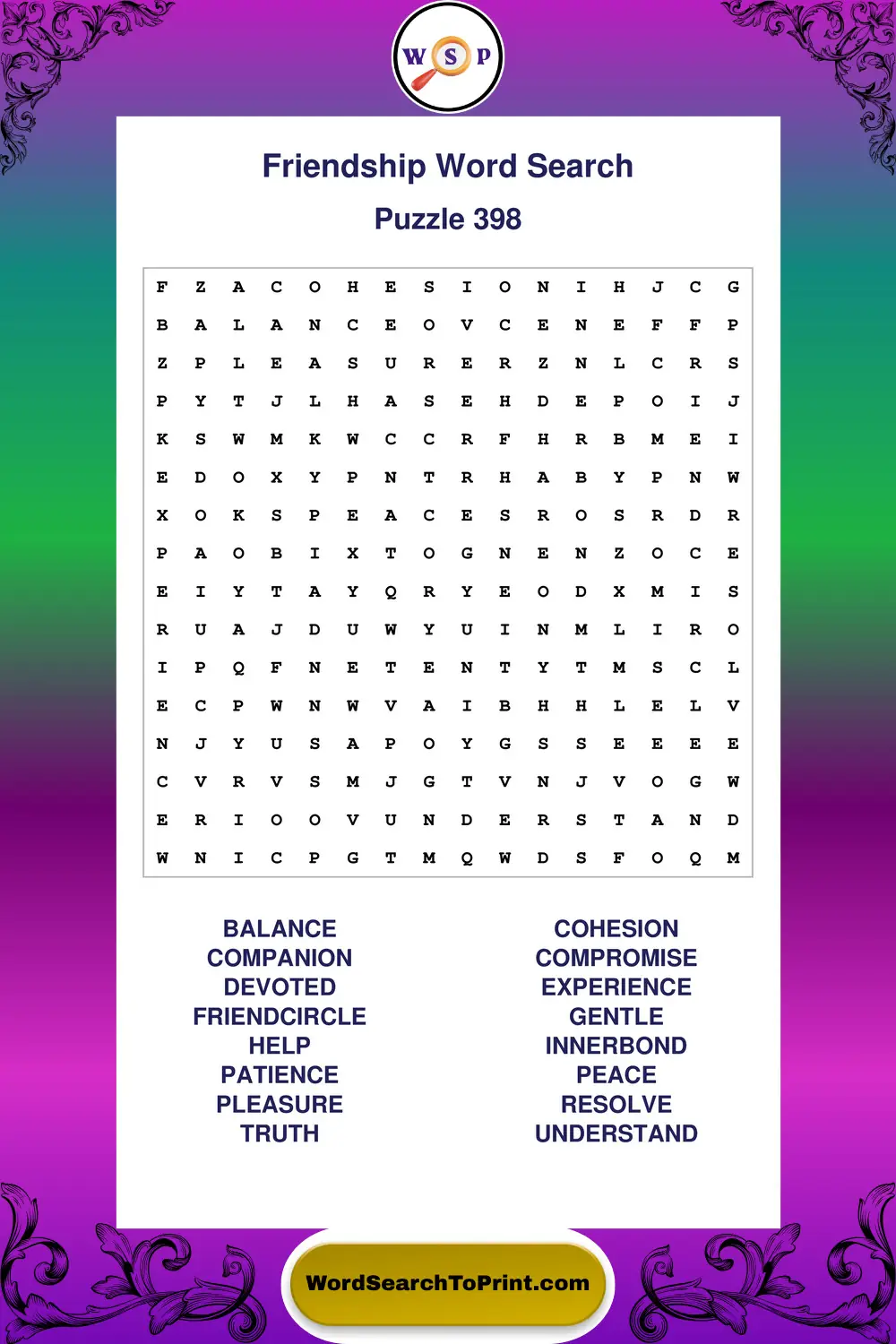 Friendship Word Search Puzzle 398