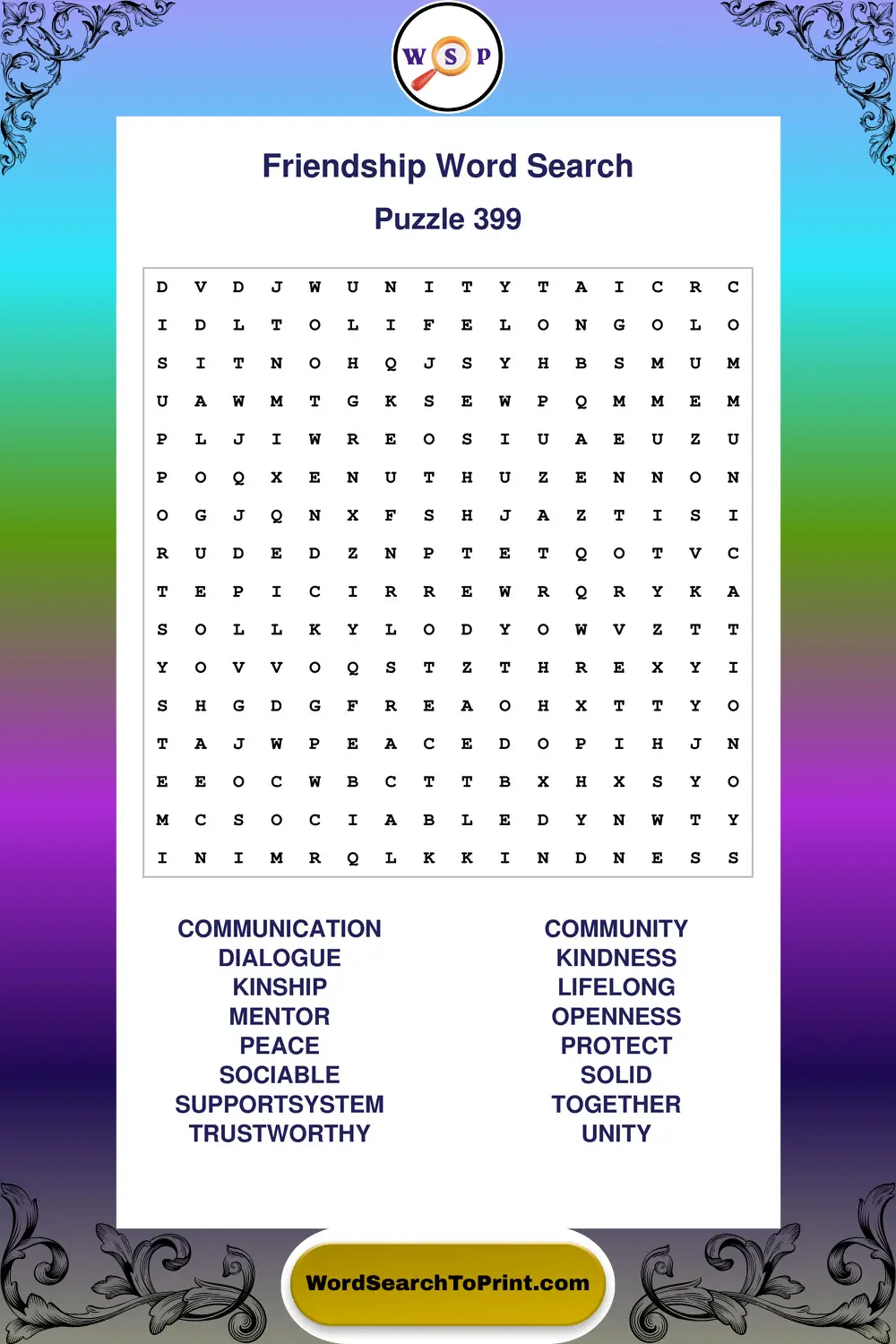 Friendship Word Search Puzzle 399
