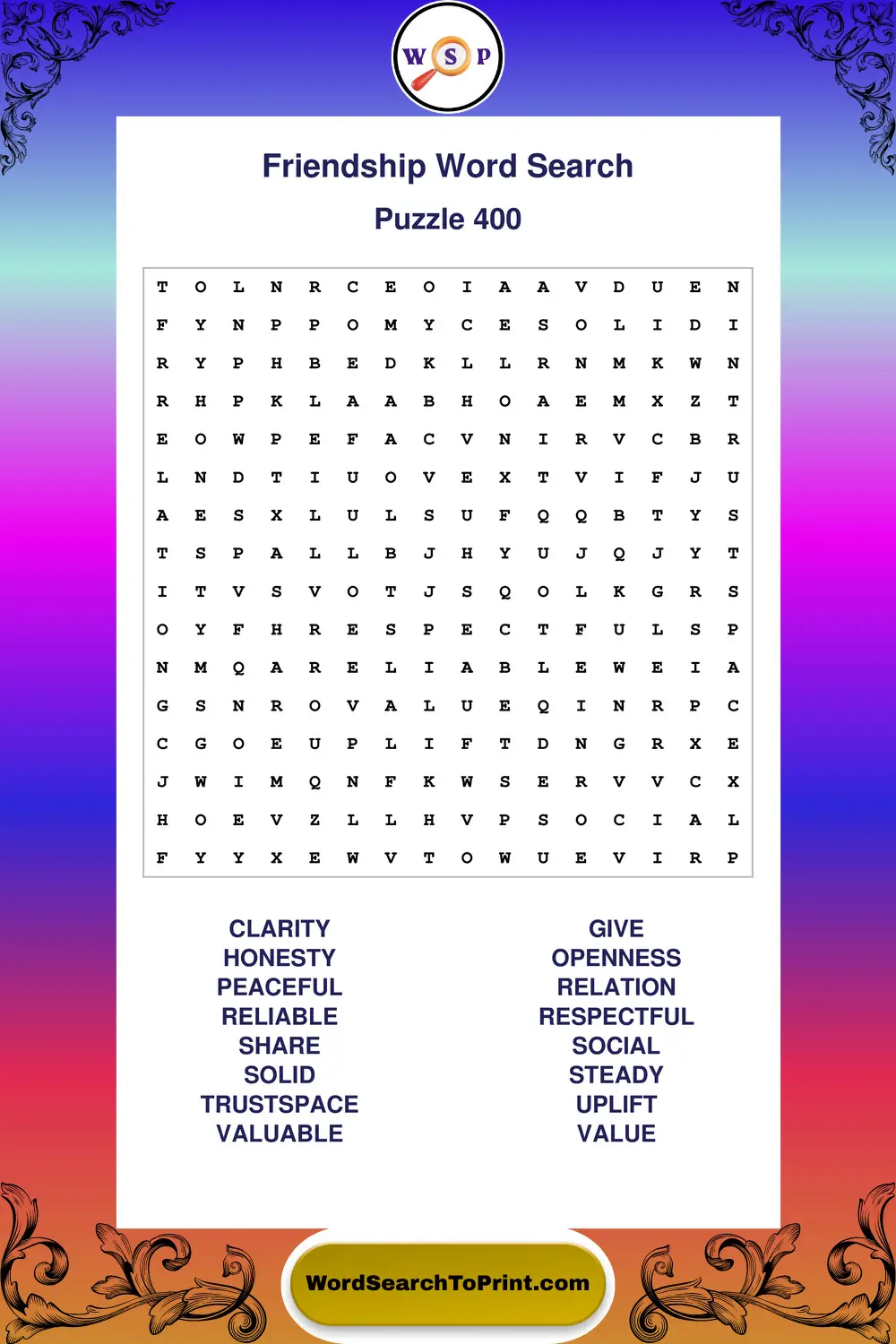 Friendship Word Search Puzzle 400