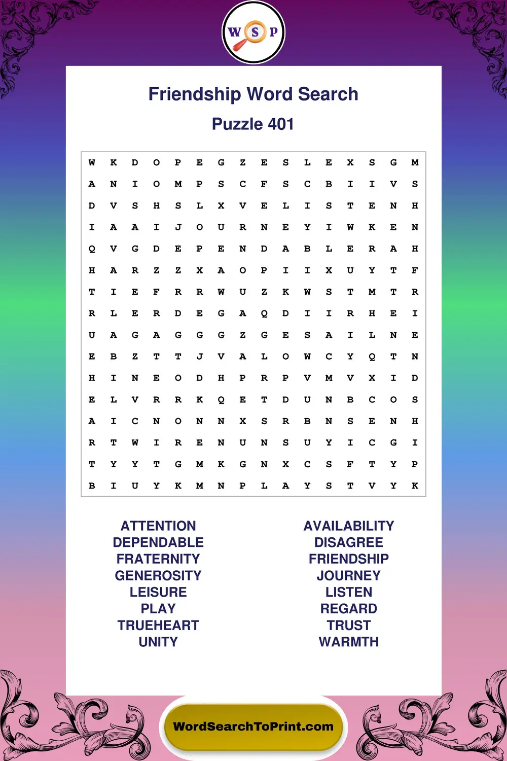 Friendship Word Search Puzzle 401