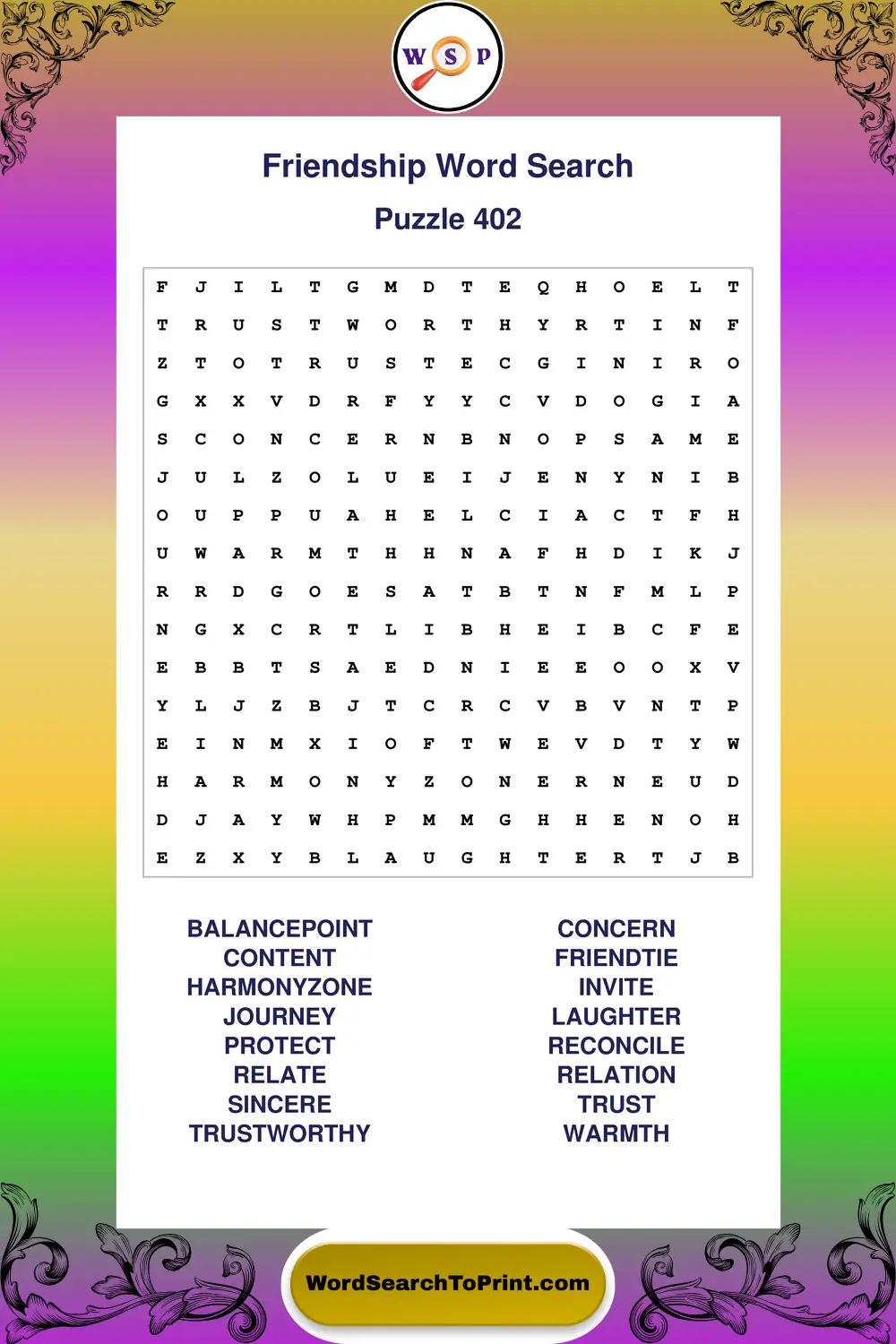 Friendship Word Search Puzzle 402