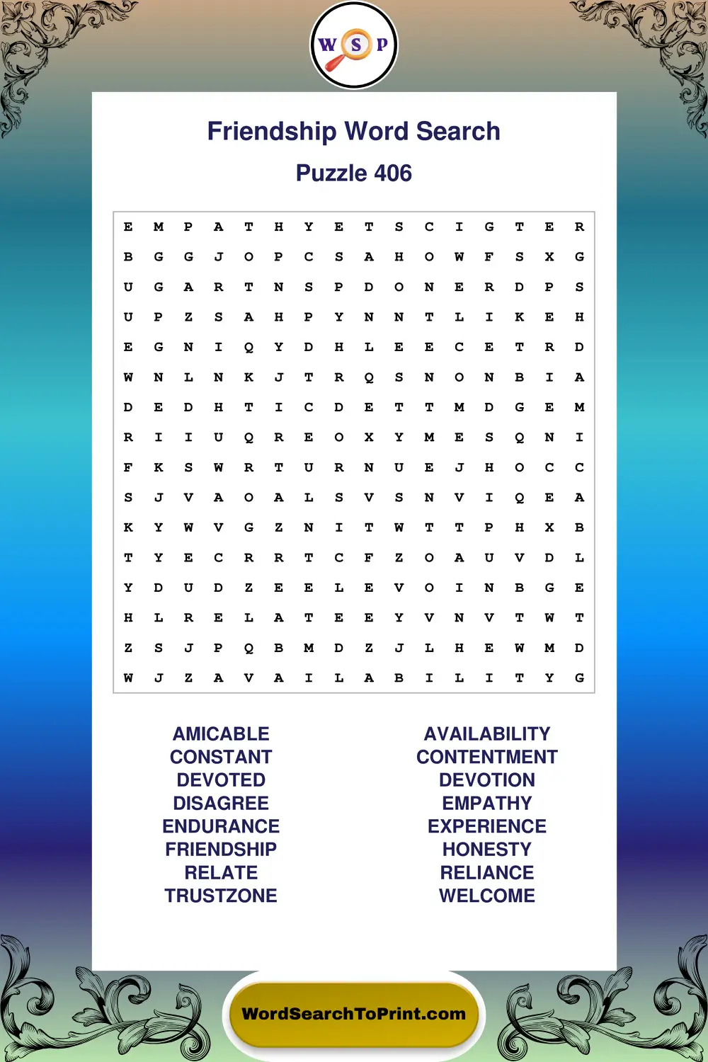 Friendship Word Search Puzzle 406