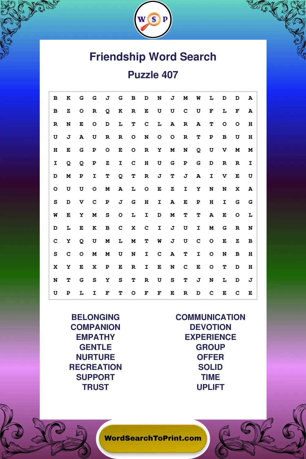 Friendship Word Search Puzzle 407