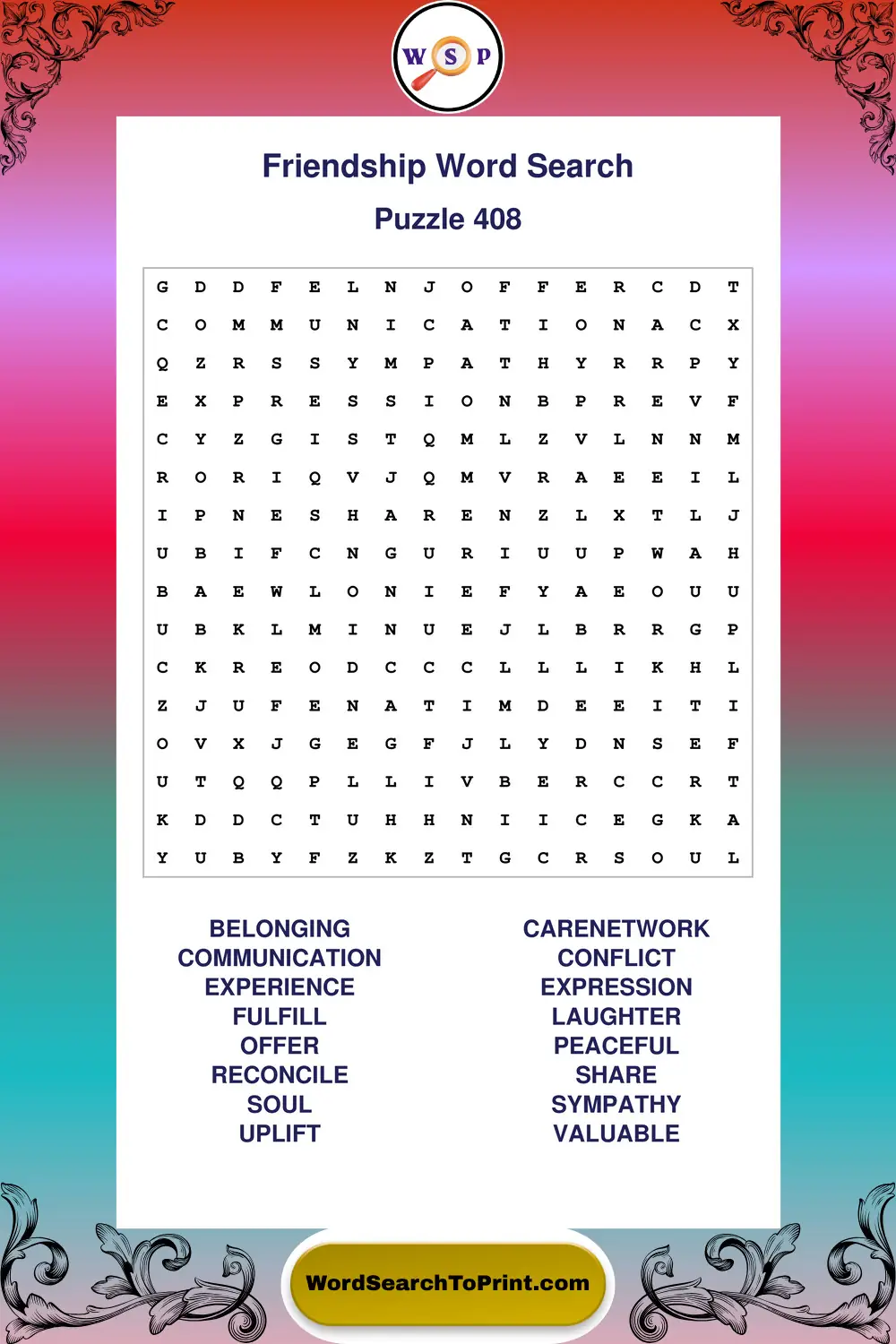 Friendship Word Search Puzzle 408