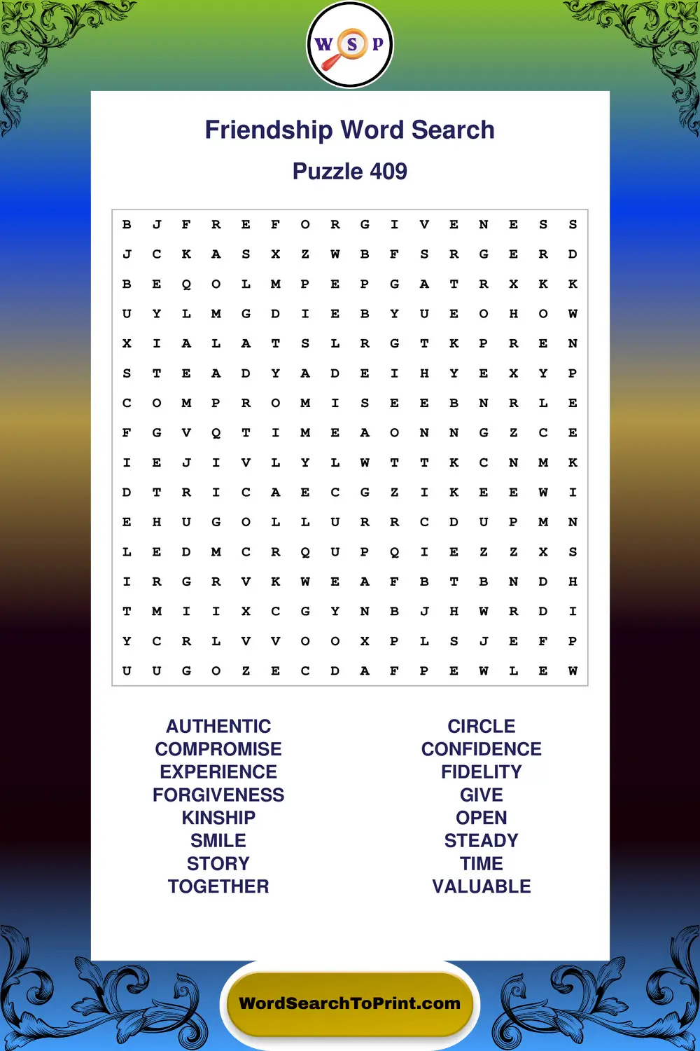 Friendship Word Search Puzzle 409