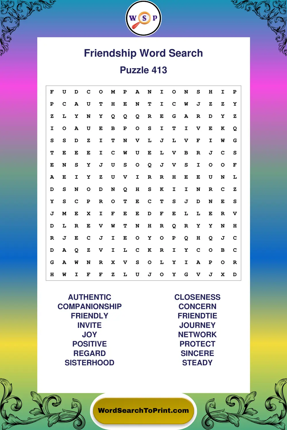 Friendship Word Search Puzzle 413