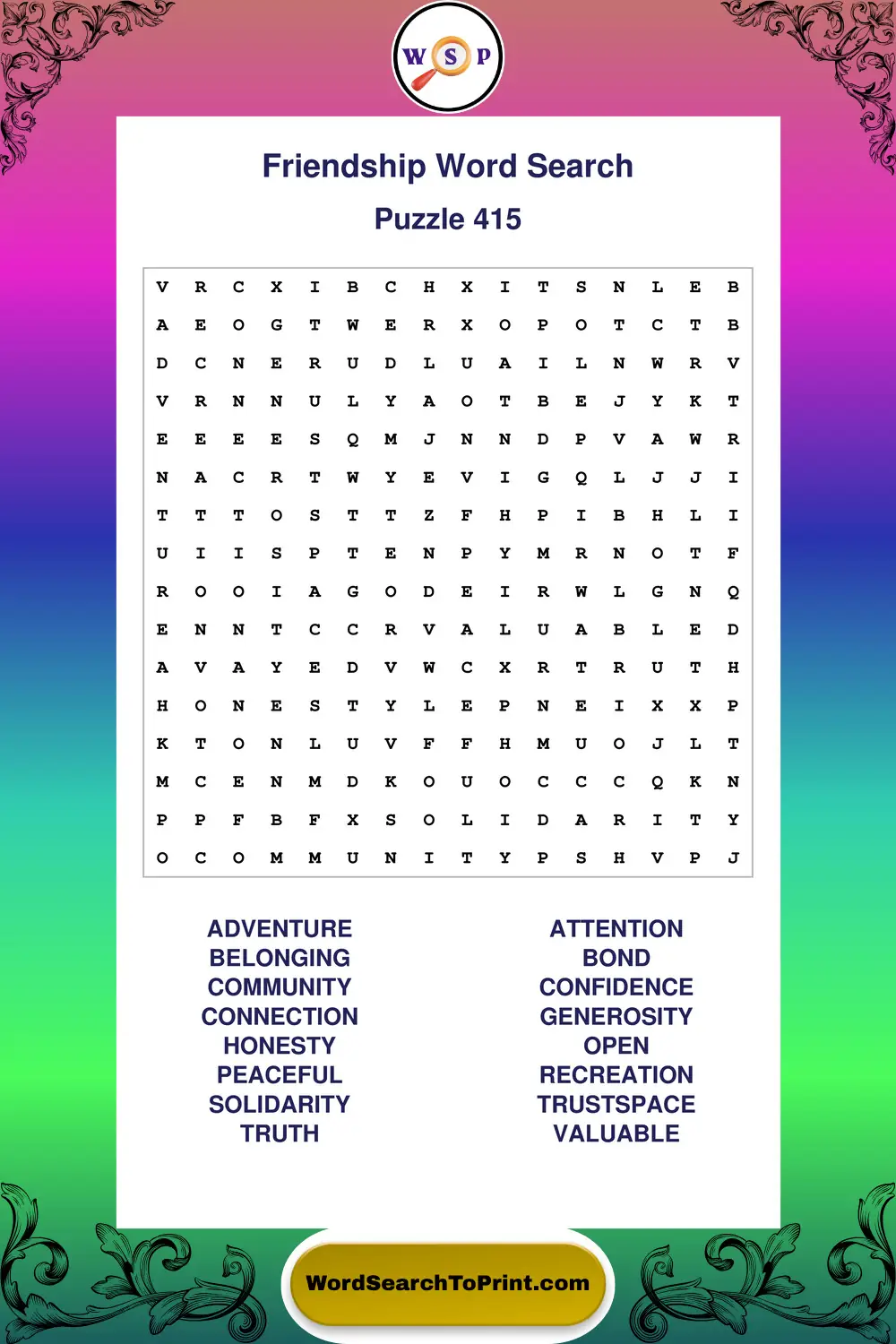 Friendship Word Search Puzzle 415