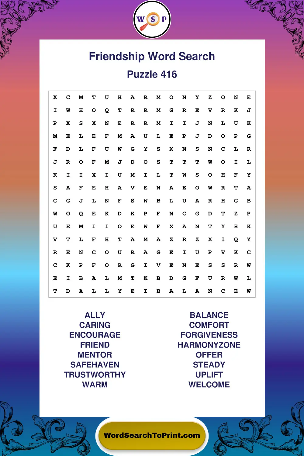 Friendship Word Search Puzzle 416