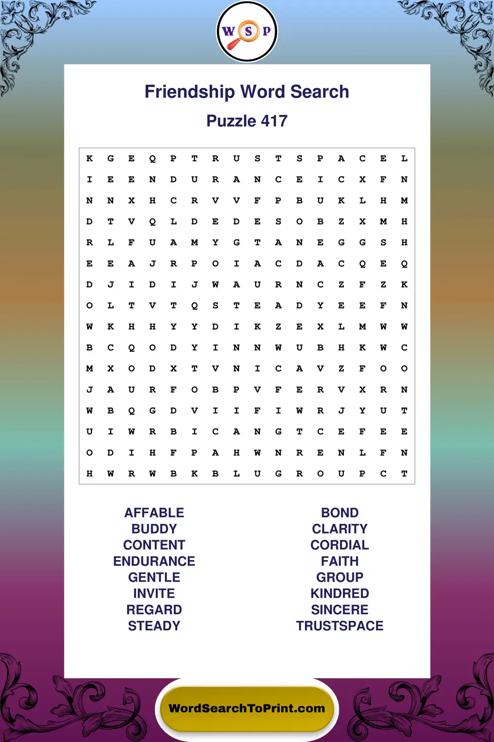 Friendship Word Search Puzzle 417