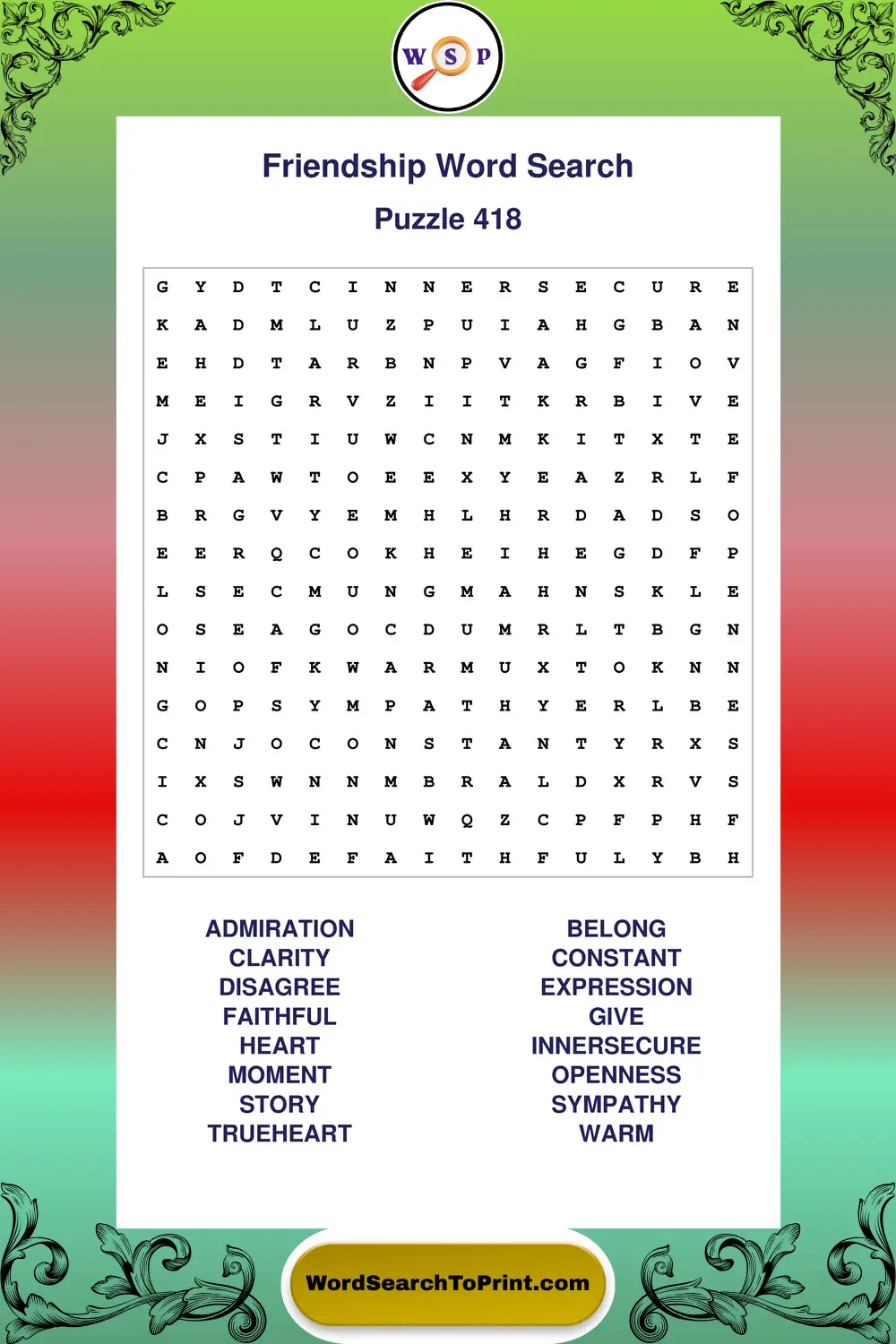 Friendship Word Search Puzzle 418