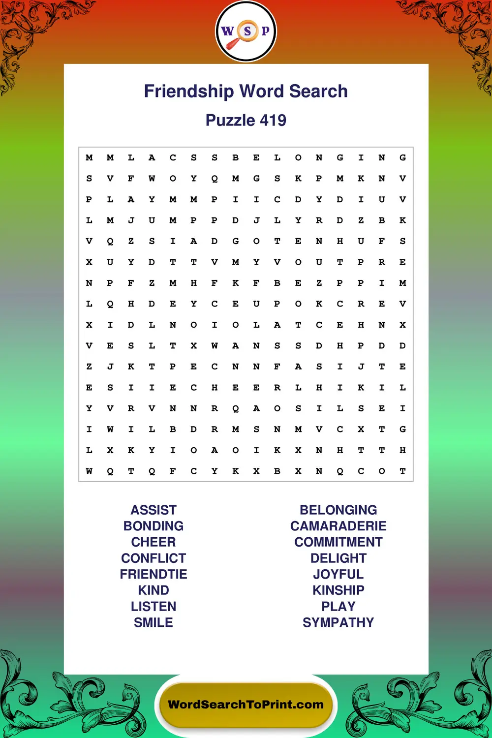 Friendship Word Search Puzzle 419