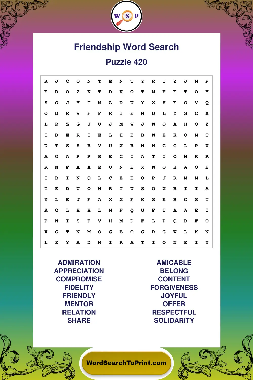 Friendship Word Search Puzzle 420