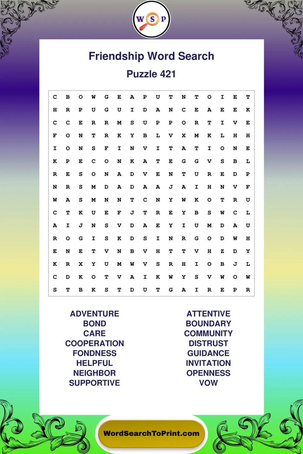 Friendship Word Search Puzzle 421