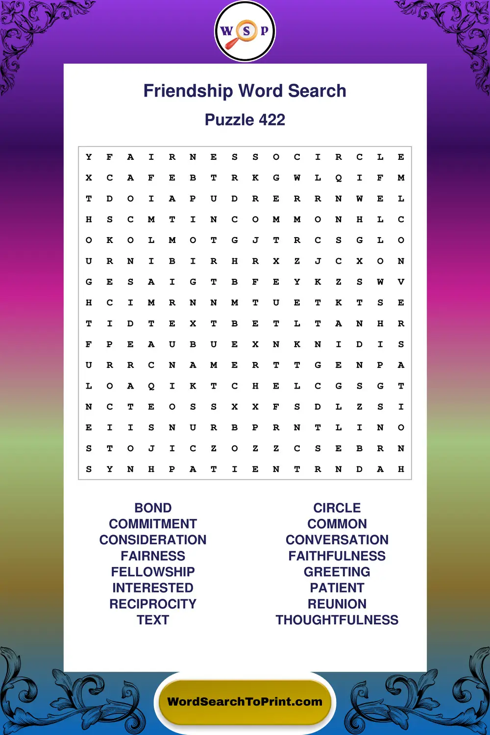 Friendship Word Search Puzzle 422