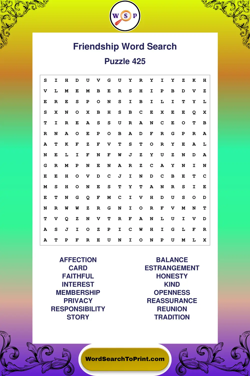 Friendship Word Search Puzzle 425
