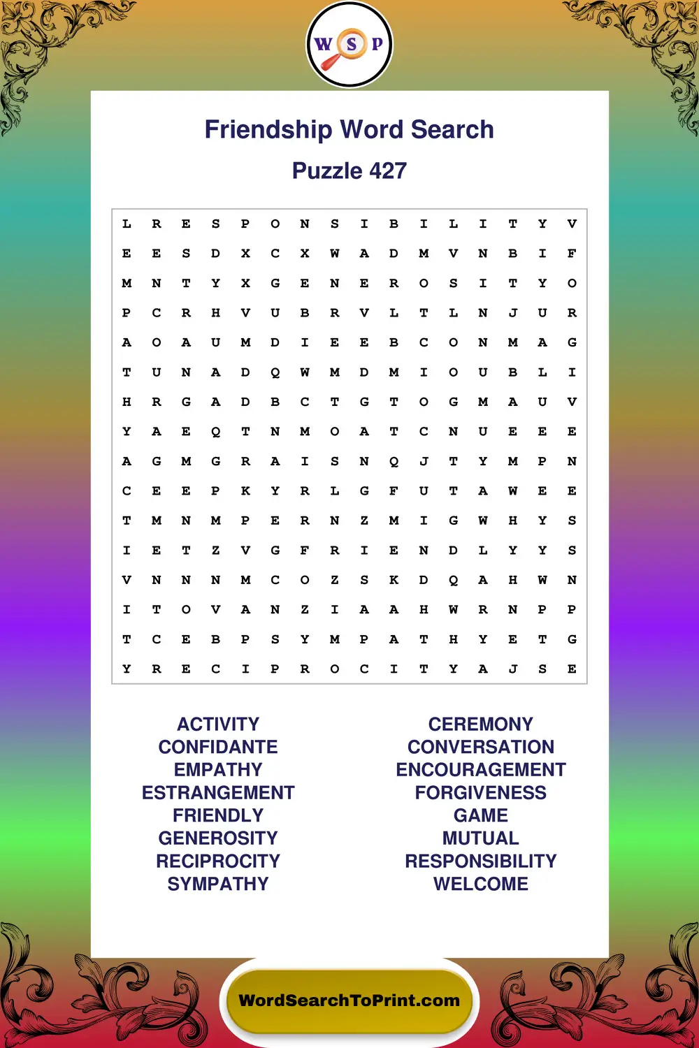 Friendship Word Search Puzzle 427