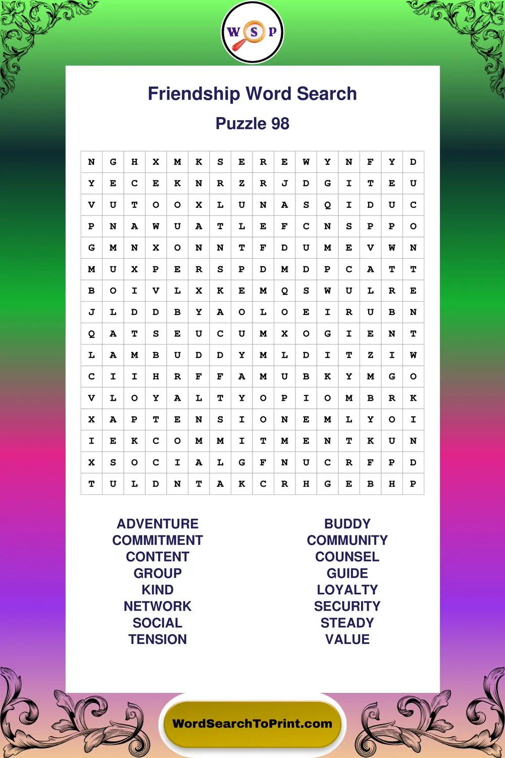 Friendship Word Search Puzzle 98