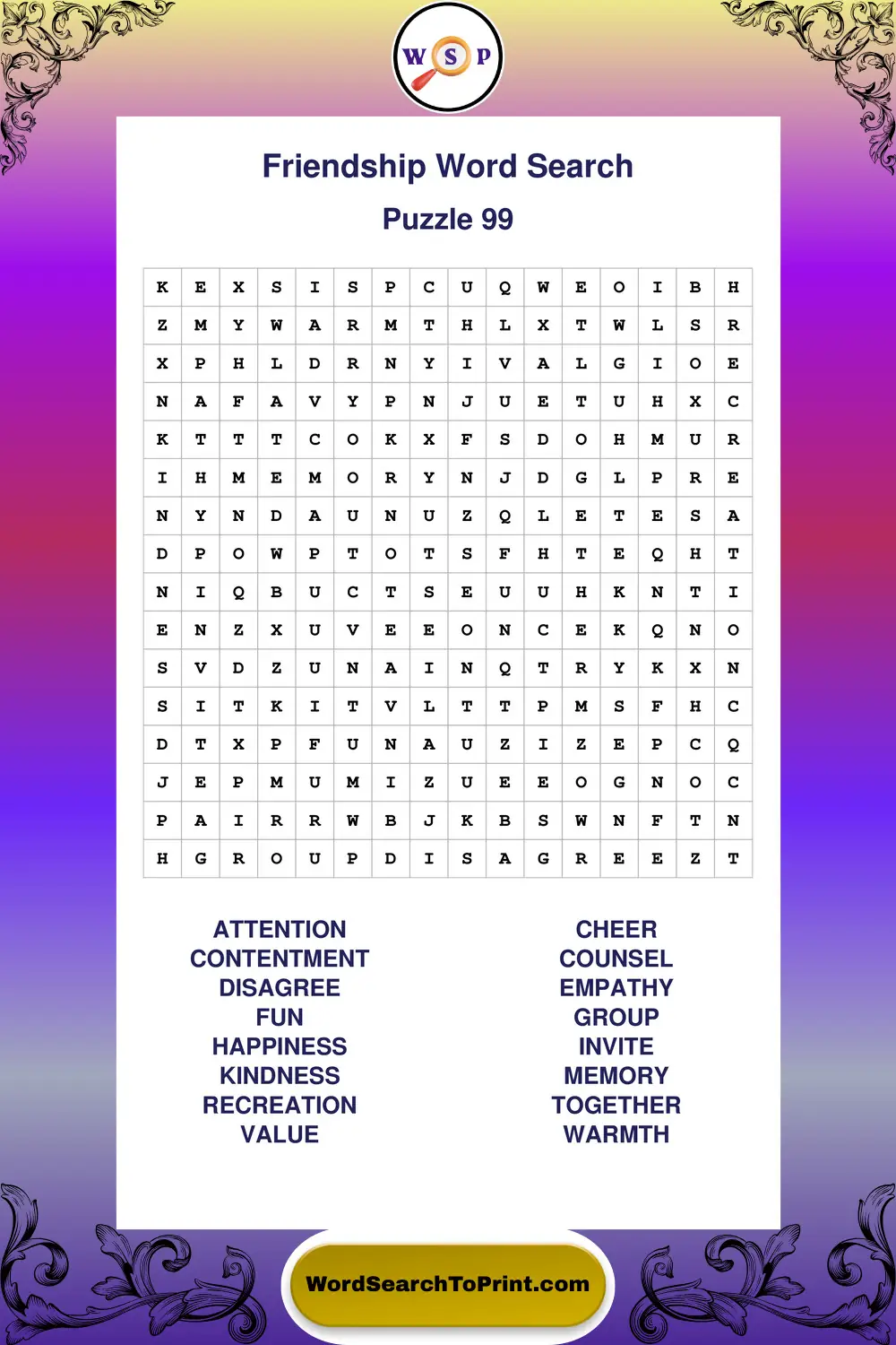 Friendship Word Search Puzzle 99