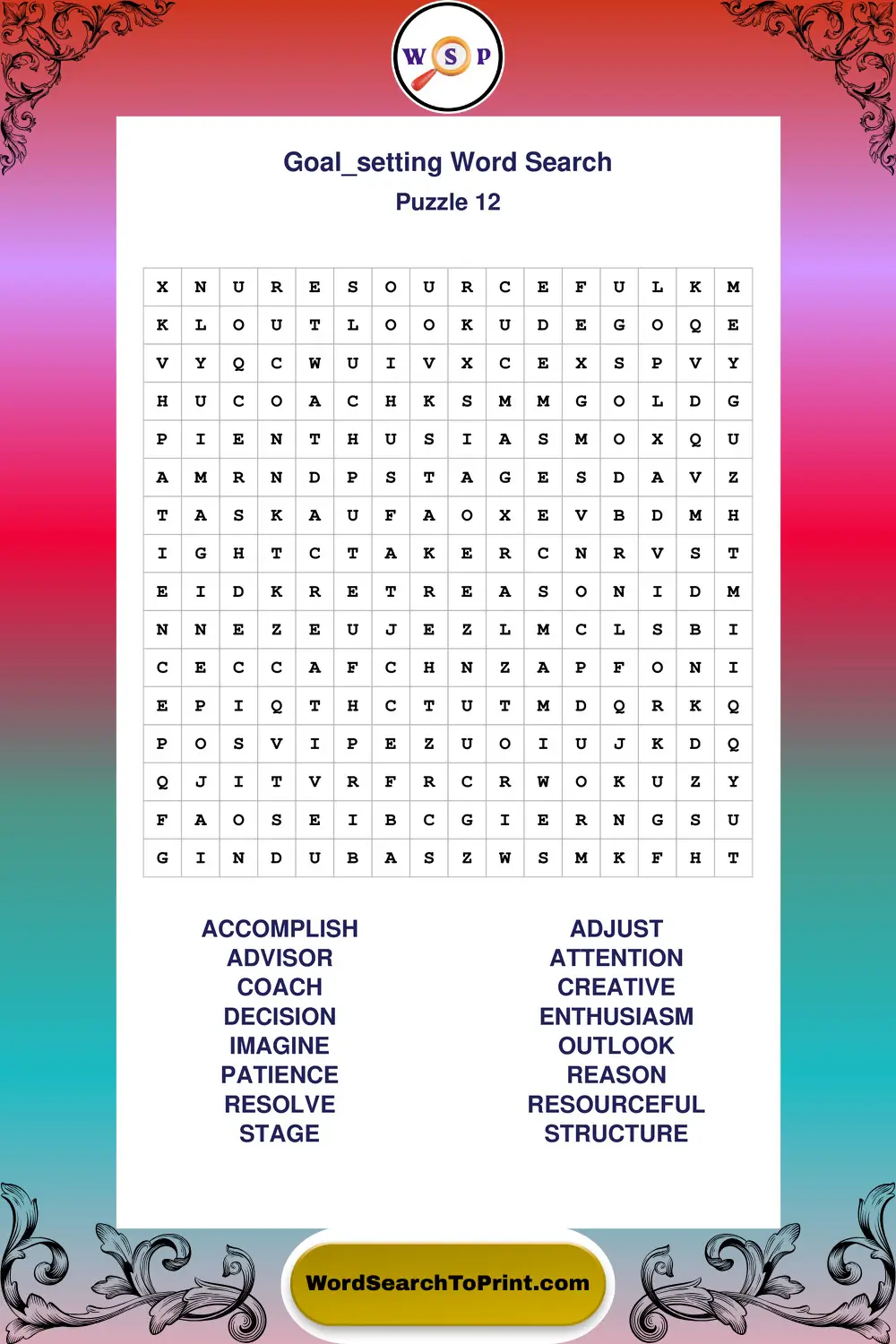 Goal Setting Word Search Puzzle 12